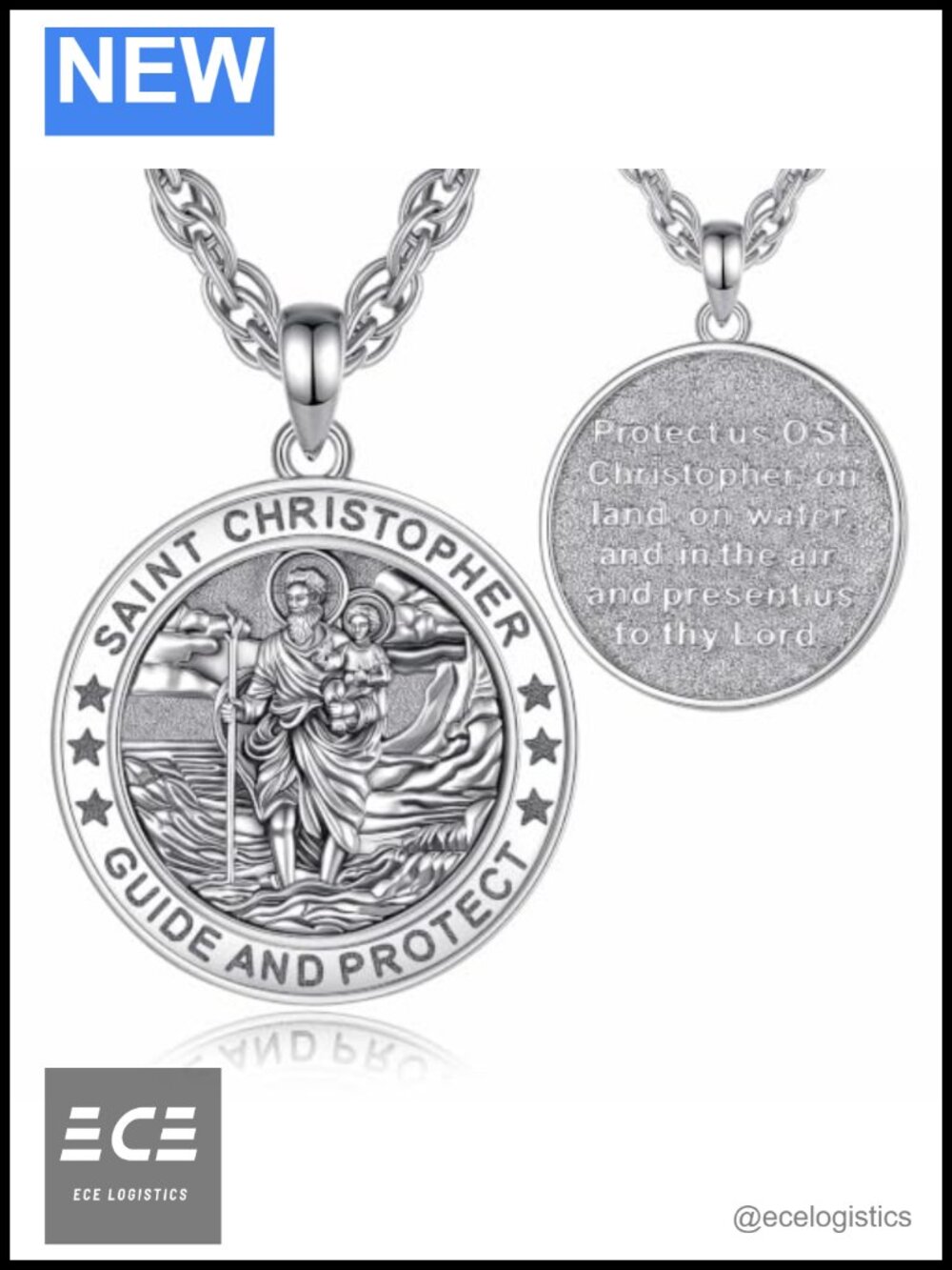 Saint Christopher Medallion Pendant Necklace Silver-Plated Copper Oxidized